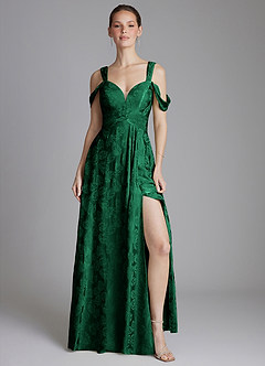 Azazie Emoria Bridesmaid Dresses Evergreen Jacquard A-Line Off the Shoulder Jacquard Dress image6
