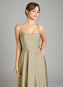 Azazie Shaude Bridesmaid Dresses Moss Green A-Line Pleated Stretch Satin Dress image9
