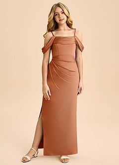 Azazie Saige Junior Robe Fourreau en Satin extensible Épaule décolletée Cuivre image3