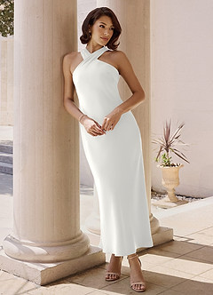 Azazie Doretta Bridesmaid Dresses White Mermaid Pleated Stretch Satin Dress image2