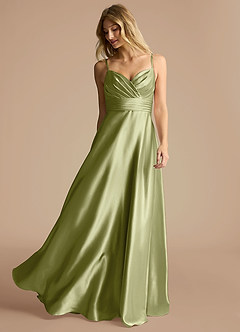 Azazie Oliana Bridesmaid Dresses Pistachio A-Line Pleated Metallic Satin Dress image2