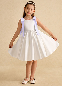 Azazie Stacie Flower Girl Dresses Ivory Lilac A-Line Bow Matte Satin Dress image1