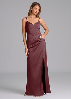 Azazie Leo Final Sale Sangria Sheath Pleated Stretch Satin Dress image5