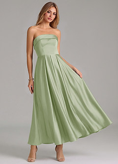 Azazie Lucienne Robes de demoiselle d'honneur Robe Trapèze en Satin extensible Plissé Vert Sauge image7