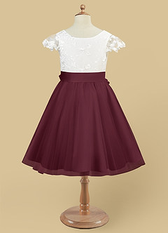 Azazie Vetty Flower Girl Dresses Ivory Cabernet A-Line Lace Tulle Dress image9