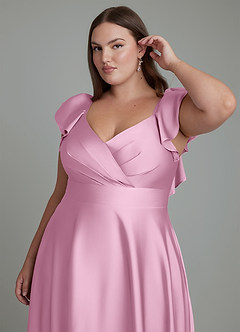 Azazie Leilani Bridesmaid Dresses Candy Pink A-Line Ruched Stretch Satin Dress image3