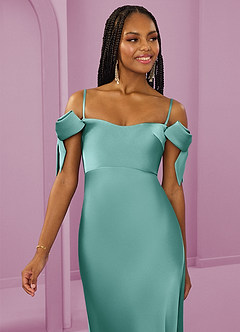 Barbie ♥ Azazie Bridesmaid Dresses Aqua Sheath Off the Shoulder Stretch Satin Convertible Dress image3