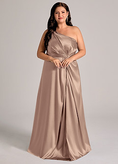Azazie Brooke Bridesmaid Dresses Taupe A-Line One Shoulder Metallic Satin Dress image4