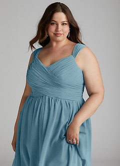 Azazie Angie Robes de demoiselle d'honneur Robe Trapèze en Mousseline de soie Corset Bleu Maussade image16