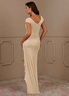 Azazie Roya Mother of the Bride Dresses Champagne Mermaid V-Neck Pleated Mesh Dress image3
