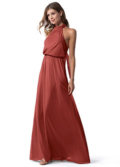 Azazie Landry Bridesmaid Dresses Rust A-Line Pleated Mesh Dress image4