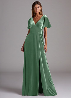 Azazie Kimber Bridesmaid Dresses Eucalyptus A-Line with Pockets Velvet Dress image4