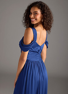 Azazie Lianne Bridesmaid Dresses Royal Blue A-Line Off the Shoulder Stretch Satin Dress image4