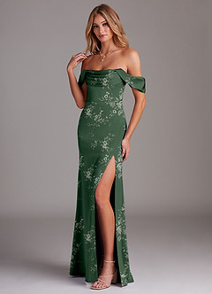 Azazie Saige Bridesmaid Dresses Eucalyptus Garden Floral Sheath Off the Shoulder Stretch Satin Dress image5