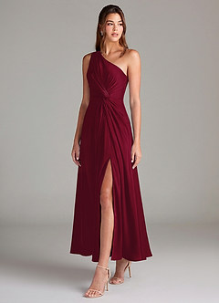 Azazie Brooke Robes de demoiselle d'honneur Robe Trapèze en Satin extensible Une épaule Bourgogne image3