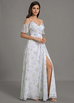Azazie Dakota Bridesmaid Dresses Blue Vintage Floral A-Line V-Neck Pleated Chiffon Dress image4