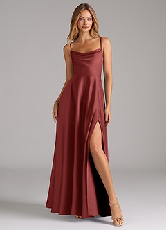 Azazie Elle Robes de demoiselle d'honneur Robe Trapèze en Satin extensible Plissé Terracotta image4