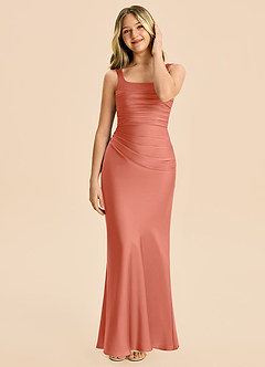 Azazie Agustina Junior Salmon Pink Sheath Pleated Stretch Satin Dress image3