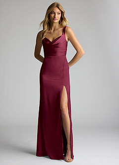 Azazie Elida Bridesmaid Dresses Mulberry Sheath Pleated Stretch Satin Dress image1