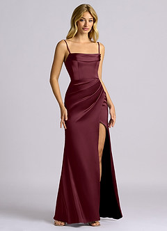 Azazie Auden Robes de demoiselle d'honneur Robe Fourreau Convertible en Satin extensible Épaule décolletée Cabernet image3