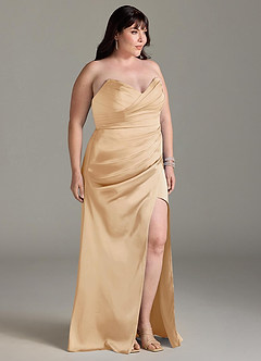 Azazie Yola Vestidos de damas de honor Vestido de Oro de Satén Elástico de Corte Recto Convertible con Cuello en V Plisado image12