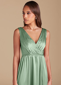 Azazie Tanicia Bridesmaid Dresses Matcha A-Line Pleated Metallic Satin Dress image2