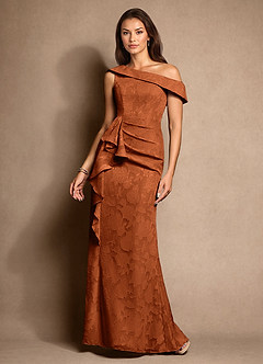 Azazie Hamptons Mother of the Bride Dresses Burnt Orange A-Line Pleated Floral Burnout Dress image1