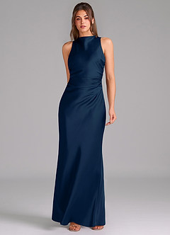Azazie Evadne Bridesmaid Dresses Dark Navy A-Line Pleated Stretch Satin Dress image3