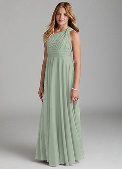 Azazie Charlize Junior Dusty Sage A-Line Mesh Dress image3