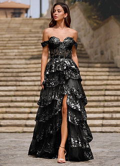 Glitz Zwart Geplooide A-lijn galajurk image3