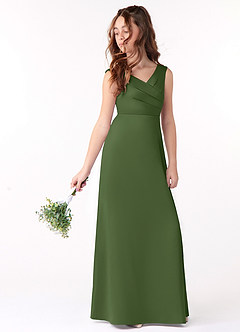 Azazie Sadia Junior Olive A-Line Pleated Matte Satin Dress image1