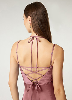Azazie Desi At-home Try On Dresses Black Sheath Halter Corset Stretch Satin Dress image3