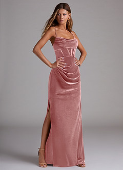 Azazie Mai Vestidos de damas de honor Vestido de Rosa Polvorienta de terciopelo de Corte Recto con Escote de Corazón image3