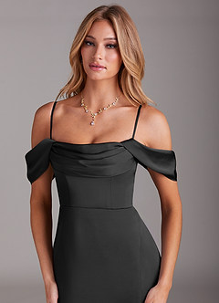 Azazie Saige Jurken voor thuis passen Jurk van Stretch Satijn met Kolom Off the Shoulder Zwart image2