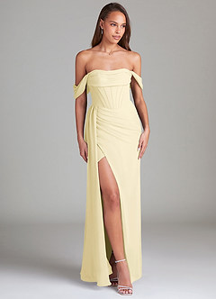 Azazie Amyra Bridesmaid Dresses Lemon Sorbet Sheath Off the Shoulder Chiffon Convertible Dress image3
