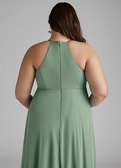 Azazie Annabelle At-home Try On Dresses A-Line V-Neck Pleated Mesh Floor-Length Dress image10