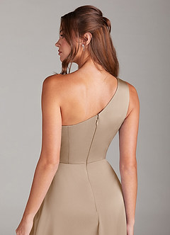 Azazie Brooke 신부 들러리 드레스 A라인 한쪽 어깨 스트레치 새틴 발목 길이 드레스 image2