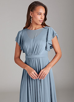 Azazie Daphne Modest Bridesmaid Dresses A-Line Ruched Mesh Floor-Length Dress image4