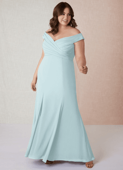 Azazie Lecia Bridesmaid Dresses Mist Empire Off-The-Shoulder Pleated Chiffon Convertible Dress image8