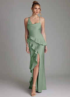 Azazie Jayda Robes de demoiselle d'honneur Robe Trapèze en Satin extensible Rayé Matcha image4