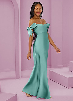 Barbie ♥ Azazie Bridesmaid Dresses Aqua Sheath Off the Shoulder Stretch Satin Convertible Dress image1