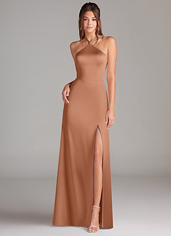 Azazie Elliana Bridesmaid Dresses Bronzer A-Line Side Slit Stretch Satin Dress image4