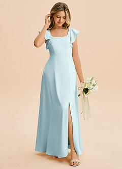 Azazie Bondi Junior Cloud Blue A-Line Side Slit Stretch Satin Dress image3