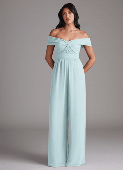 Azazie Lamara Bridesmaid Dresses Mist Off the Shoulder Chiffon Convertible Jumpsuit image3