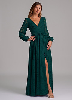 Azazie Norah Jurken voor bruidsmeisjes Jurk van Bloemen Burn-out met A-Lijn Lange mouw Pijnboom image4