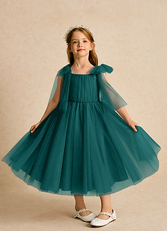 Azazie Dori Robe Demoiselle D'honneur Fillette Robe Trapèze en Tulle Rayé Paon image6