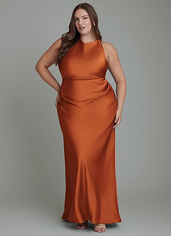 Azazie Evadne Bridesmaid Dresses Cinnamon Sheath Pleated Stretch Satin Dress image7