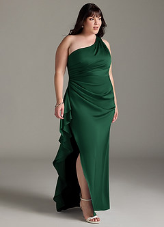 Azazie Latrice Vestidos de damas de honor Vestido de Verde Oscuro de Satén Elástico de Corte Recto con Volantes en cascada Un hombro image9