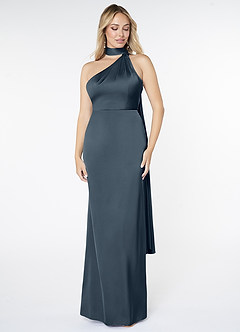 Azazie Kaylani Robes de demoiselle d'honneur Robe Sirène en Satin extensible Col Haut Violet Crépusculaire image1