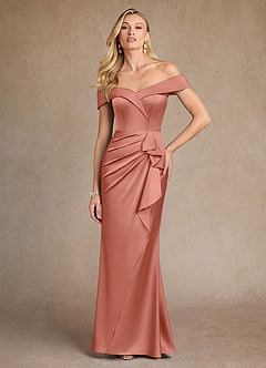 Azazie Laredo Mother of the Bride Dresses Salmon Pink Mermaid Off the Shoulder Stretch Satin Dress image3